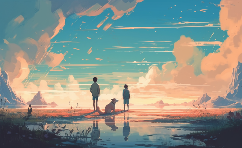 卡通情侣和小狗在黄昏下散步背景,插画/手绘图,插画/手绘图库,插画/手绘图下载,插画/手绘